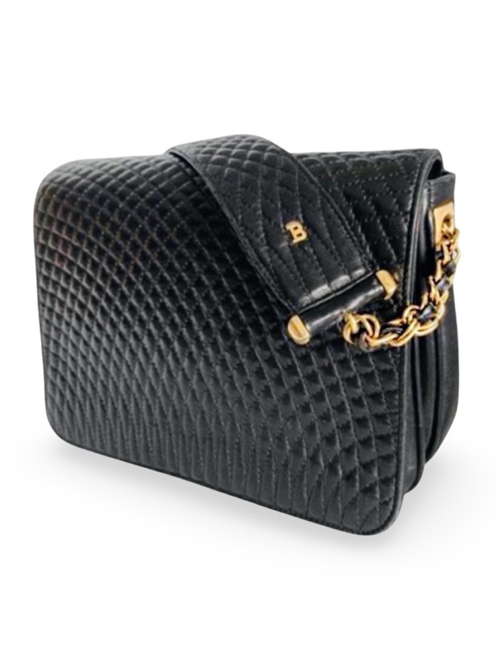 Rare Vintage Bally Black Quilted Leather Crossbody Bag Gold Chain Italy